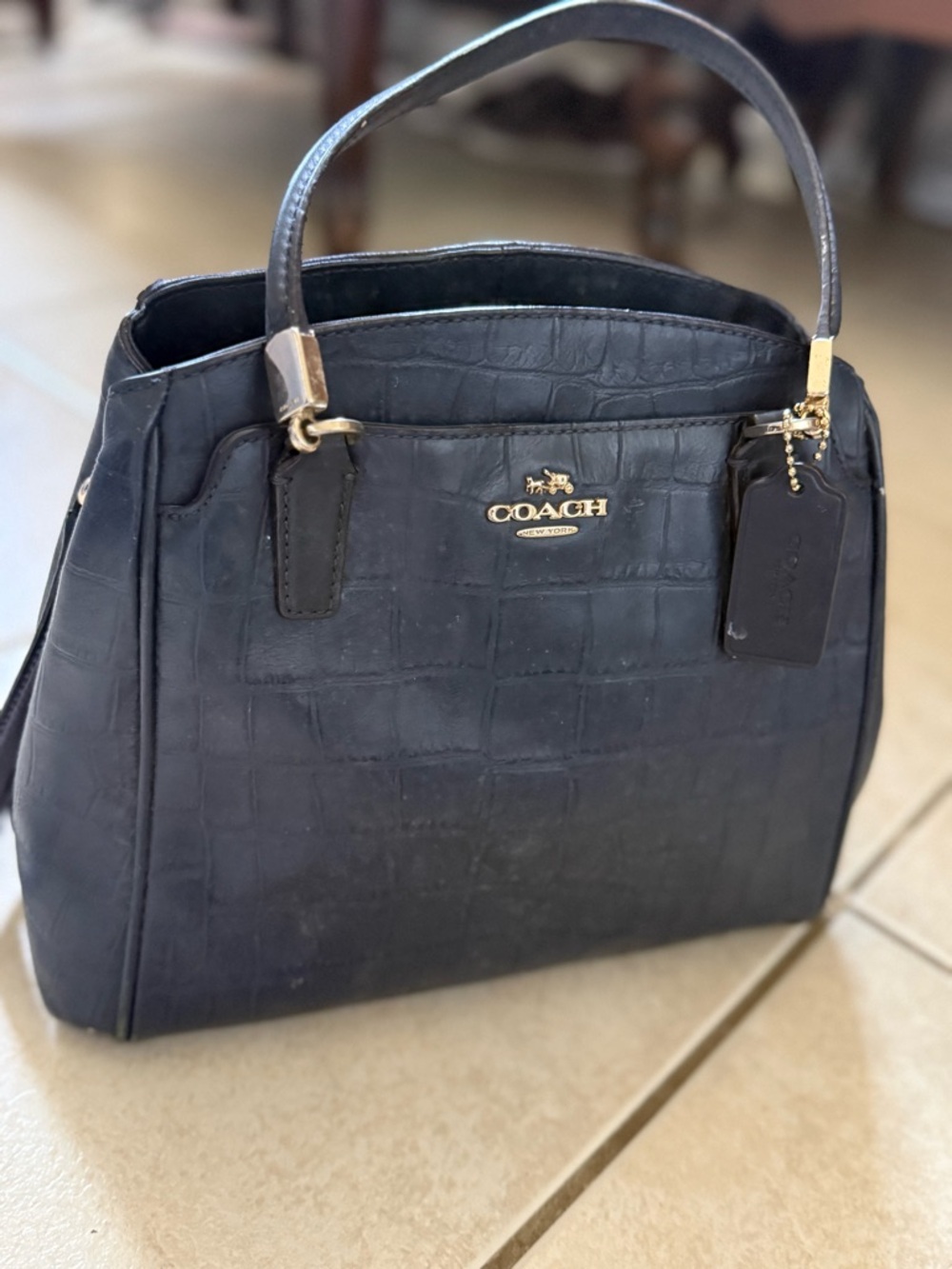 Coach Minetta Navy Crocodile Embossed Leather Satchel Crossbody